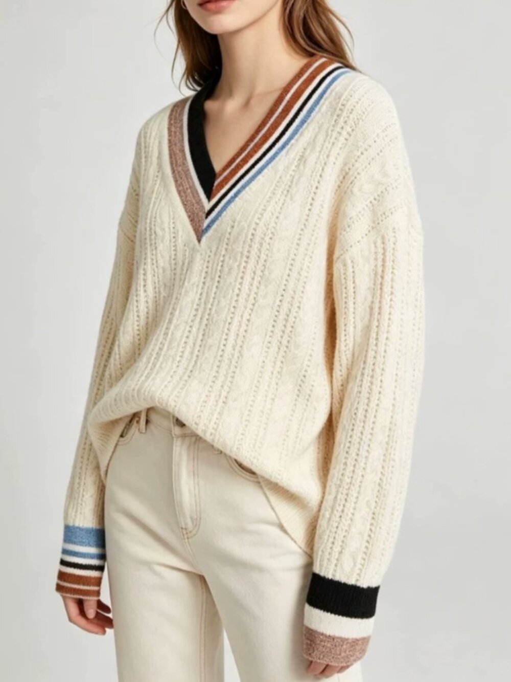 Veronica Beard Rory Sweater Ivory V-Neck Pullover Knit Quiet Lux